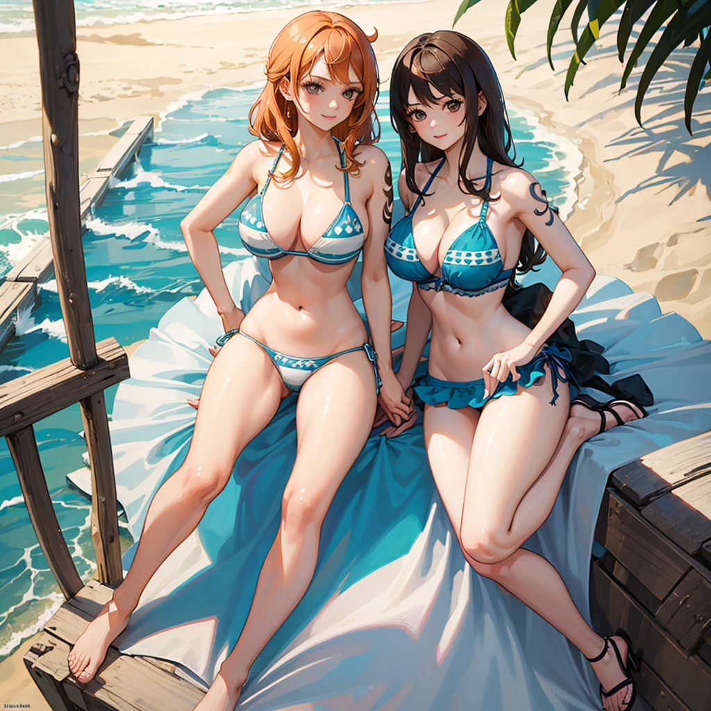 (masterpiece, best quality:1.2), intricate details, Nami, Large breast, cleavage, full body, smile, short ginger hair, (pale light brown eyeballs:1.4, beach, busty figure, bikini