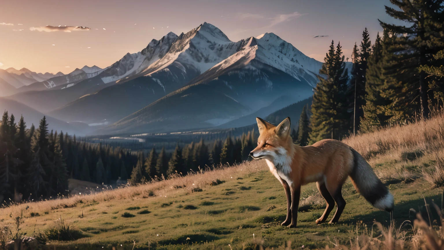 (far away in distance (Feral red fox (detailed fox))), on a forest background with mountains, good illumination, early morning, summer best quality