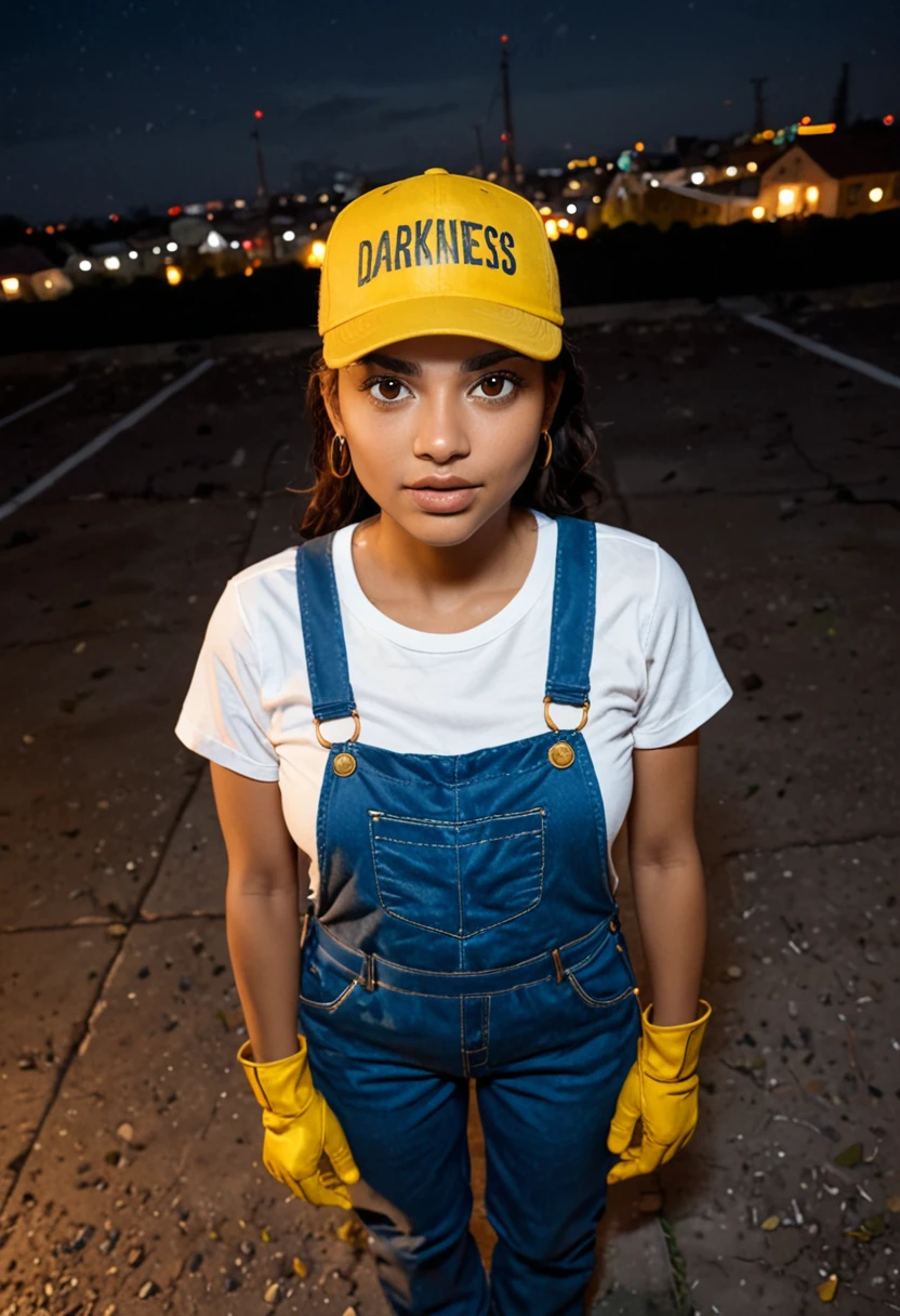 score_9,score_8_above,score_7_above,fine details throughout,latina,whole body,yellow cap, blue overalls, white short sleeve shirt, yellow gloves, greeting,(darkness:1.4),evening,dark alleys,o ring,