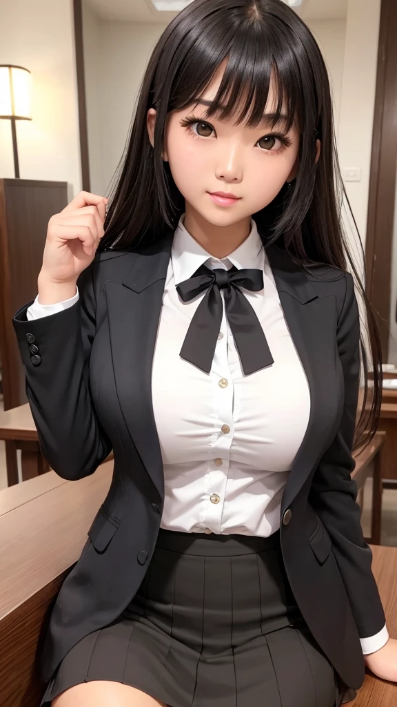 ((high quality)), ((Tabletop)), (Detailed face), (highlight),　Asian Girl、Big breasts、thigh、Black Hair、Heavy bangs、high school girl、skirt、blazer、