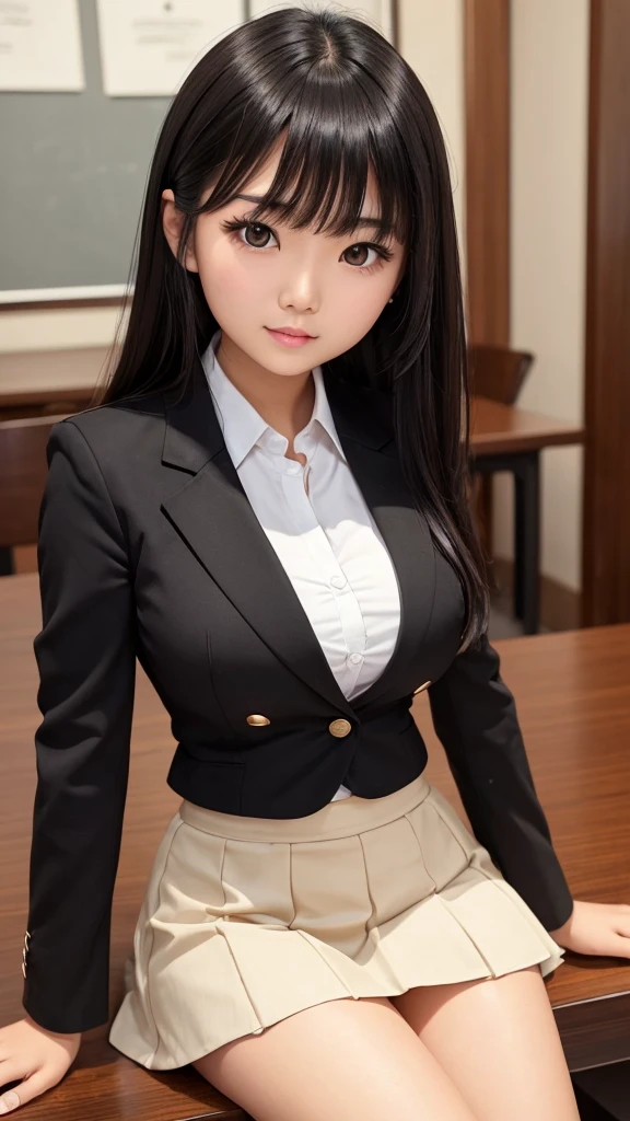 ((high quality)), ((Tabletop)), (Detailed face), (highlight), Asian Girl、Big breasts、thigh、Black Hair、Heavy bangs、high school girl、skirt、blazer、