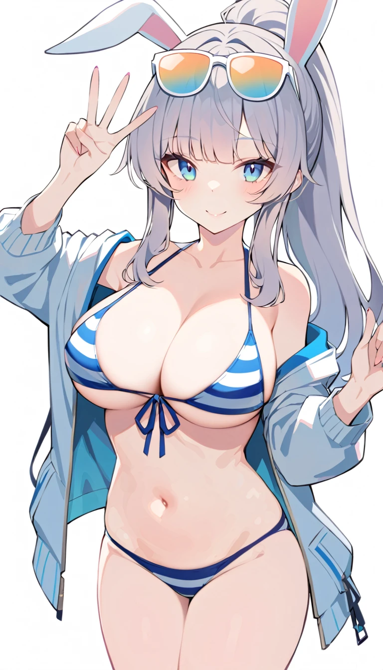 a cartoon girl with big bunny ears wearing swimwear giving the peace sign, 1girl, breasts, blue eyes, solo, animal ears, navel, v, large breasts, eyewear on head, ponytail, grey hair, jacket