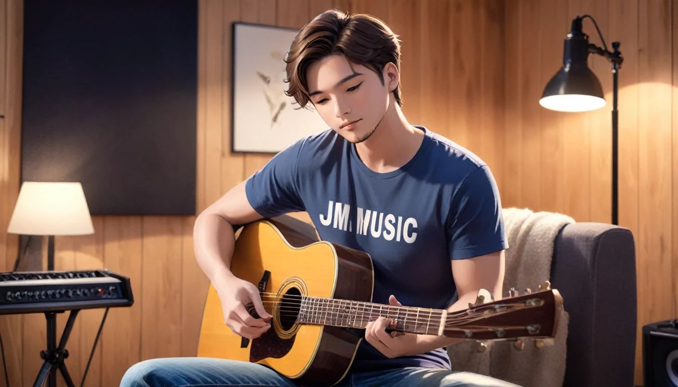Capture a handsome young man playing an acoustic guitar in a cozy, well-equipped music studio. He is casually dressed in a fitted t-shirt and jeans, sitting comfortably on a stool or chair. The studio has a warm, inviting ambiance with soundproof walls, musical instruments, and recording equipment visible in the background. Behind him, prominently displayed, is a stylish sign or logo that reads 'JM Music,' adding a professional and branded touch to the scene. The focus should be on his relaxed yet passionate expression as he strums the guitar, creating an atmosphere of genuine musical artistry