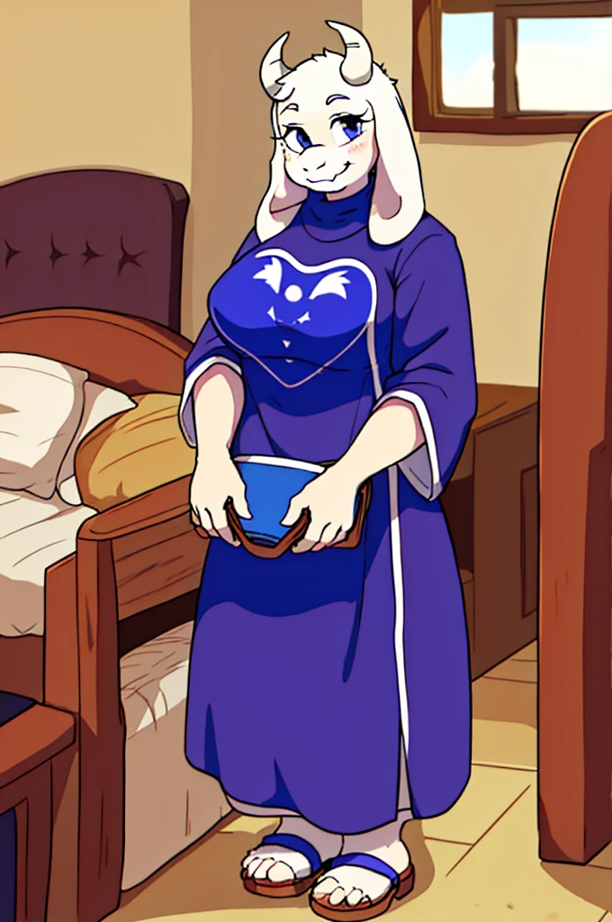 toriel, 1girl, furry, furry_female, goat_ears, goat_girl, indoors, smile, solo, sandals