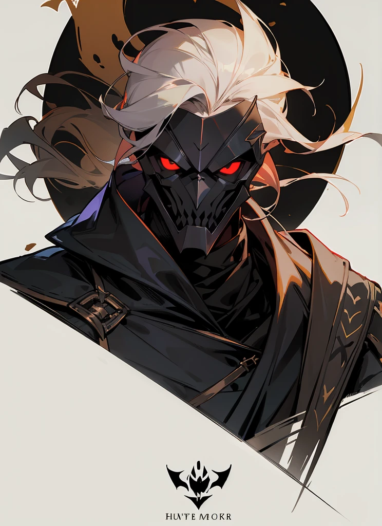 1 , handsome fashion hair,bronze hair highlightwhite, fanstasy, smile face, male ,fantasy, reaper, hunter with blackshortsword, villian face, black armor , darkness wolrd, bad, devil mask