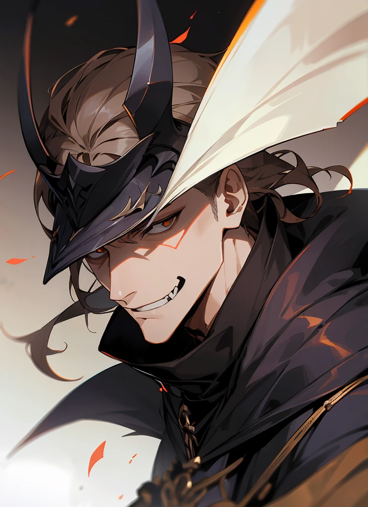 1 , handsome fashion hair,bronze hair highlightwhite, fanstasy, smile face, male ,fantasy, reaper, hunter with blackshortsword, villian face, black armor , darkness wolrd, bad, devil mask