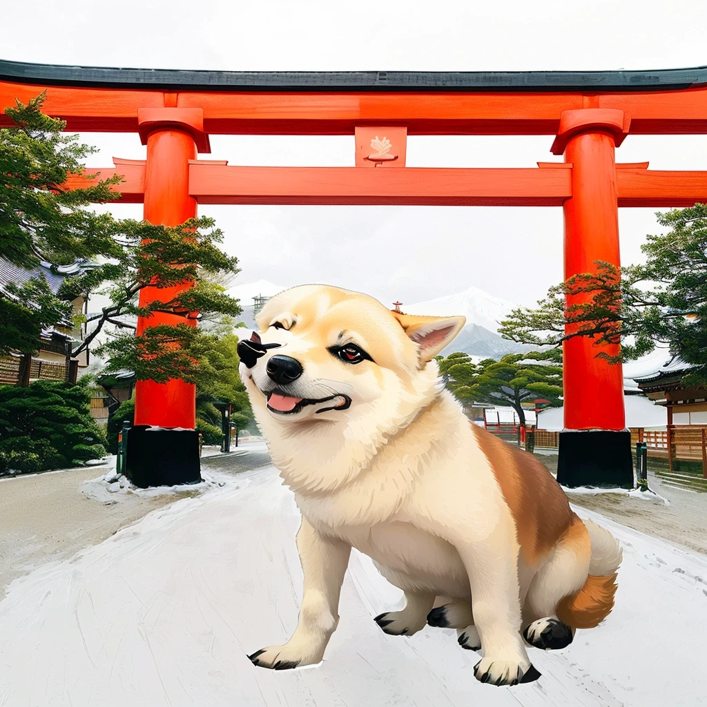 araffe dog sitting in front of a red tori tori gate, japanese dog, torii in the background, inspired by Torii Kiyomoto, torii, miko, torii gate, inari shrine, inspired by Shiba Kōkan, centered torii gate, shikamimi, inspired by Torii Kiyonobu I, shibu inu