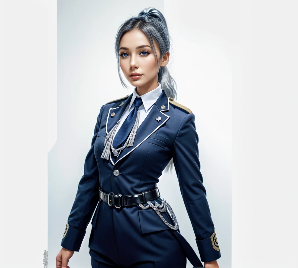 asian women,silver Hair, blue eyes silver Ponytail, blue Officer Military Unfirom, Black necktie, standing