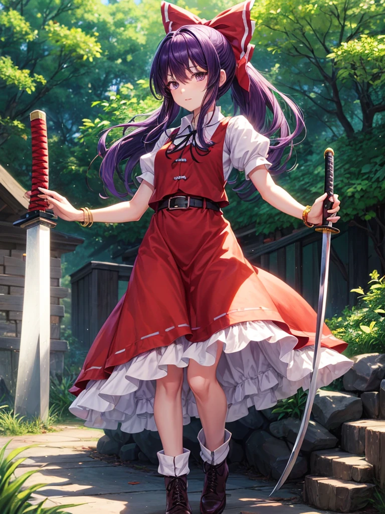 1girl, watatsuki no yorihime (touhou), long hair, ponytail, purple hair, purple eyes, white shirt, collared shirt, puffy short sleeves, red dress, pinafore dress, buttons, single strap, long dress, open dress, short boots, yellow bow, hair bow, loose belt, bracelet, katana, holding,