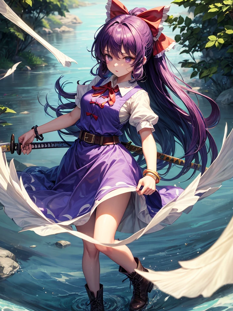 1girl, watatsuki no yorihime (touhou), long hair, ponytail, purple hair, purple eyes, white shirt, collared shirt, puffy short sleeves, red dress, pinafore dress, buttons, single strap, long dress, open dress, short boots, yellow bow, hair bow, loose belt, bracelet, katana, holding,