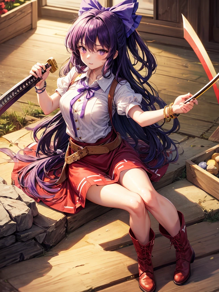 1girl, watatsuki no yorihime (touhou), long hair, ponytail, purple hair, purple eyes, white shirt, collared shirt, puffy short sleeves, red dress, pinafore dress, buttons, single strap, long dress, open dress, short boots, yellow bow, hair bow, loose belt, bracelet, katana, holding,