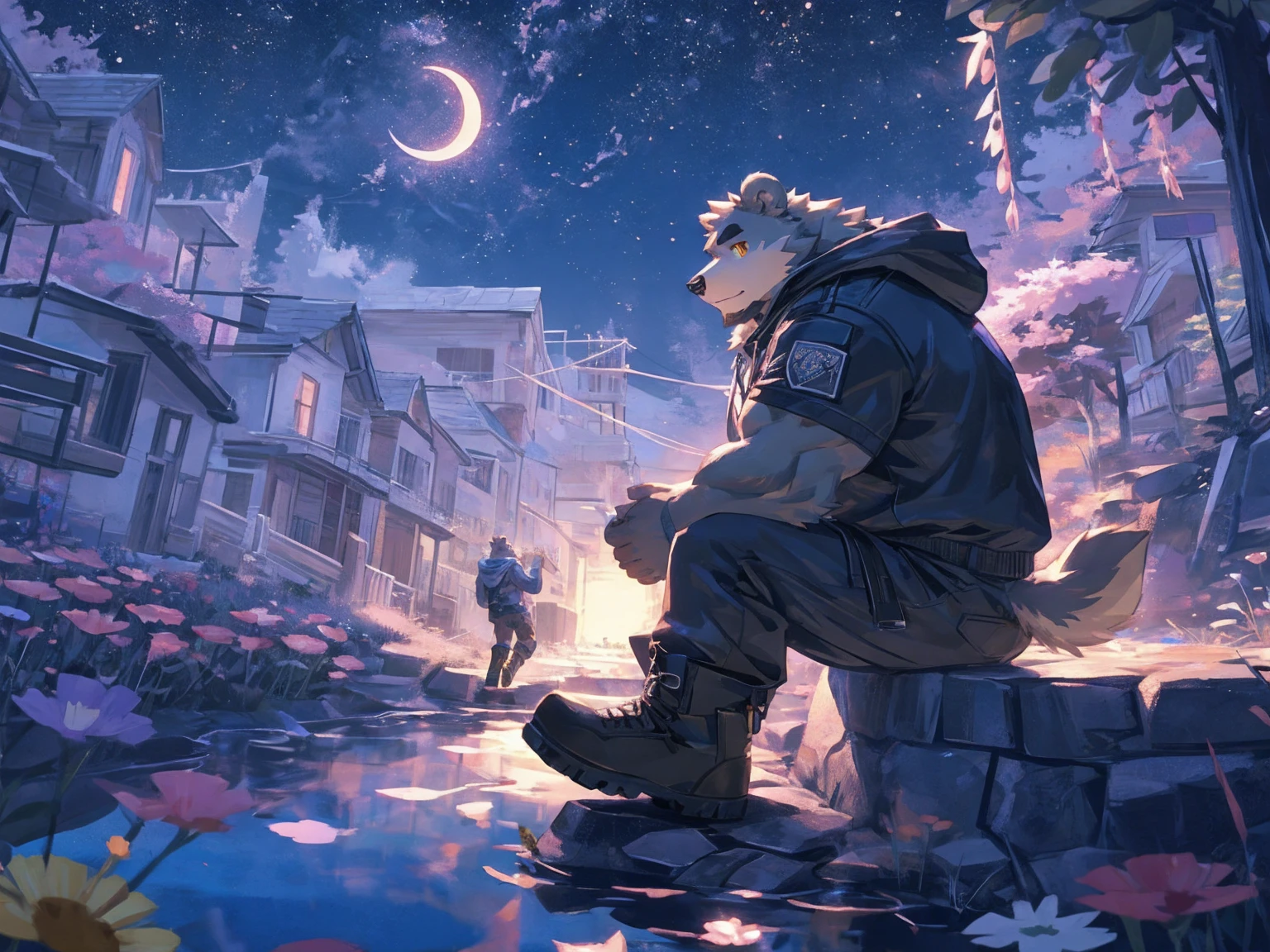 (masterpiece:1.2), best quality,pixiv,official art,perfect anatomy, (Ray tracing, light),solo, (1_male:1.3) , (muscle), (grey fur:1.4), (muscle bear), (beard:1.2), (gleaming golden eyes), bear tail, Thick black eyebrows, open hoodie, (naked inside:1.2), cargo pants, (boots:1.2), (A skyline at lakeland:1.3), with twinkling stars and a bright Milky Way. character is running on the flower road with lake
