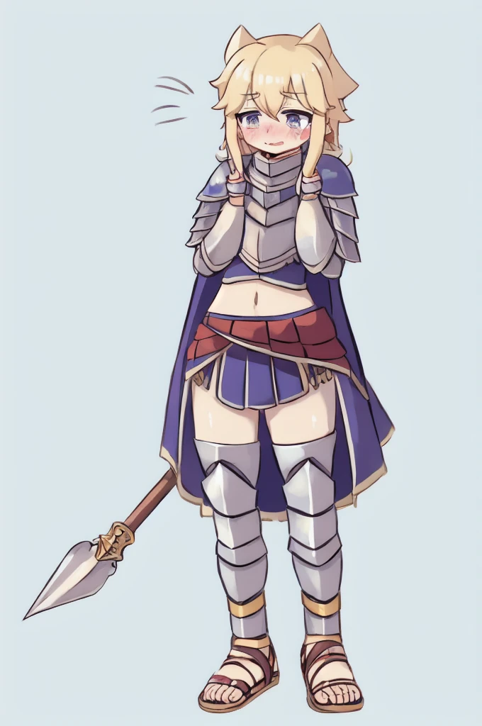 cute, shy, wearing full body plate armor, gladiator skirt, gladiator sandals, humanoid feet, holding a spear, nosebleed,bloody nose