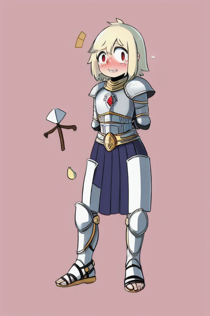 cute, shy, wearing full body plate armor, gladiator skirt, gladiator sandals, humanoid feet,  holding a spear, nosebleed,bloody nose
