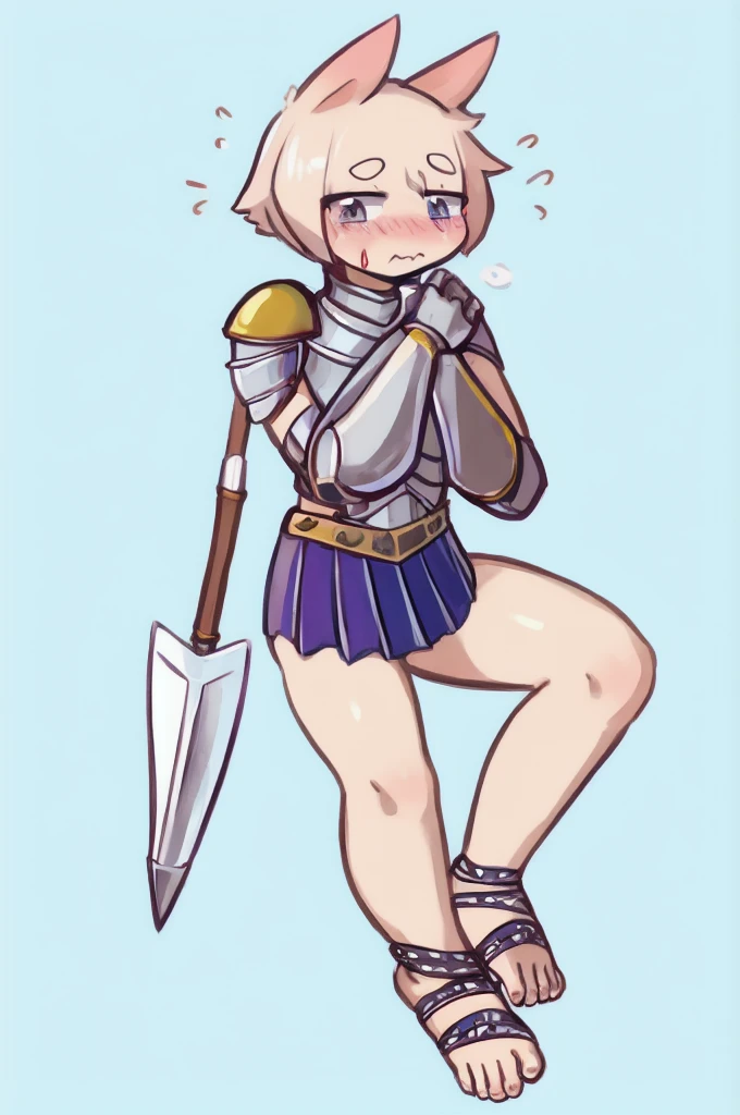 cute, shy, wearing full body plate armor, gladiator skirt, gladiator sandals, humanoid feet, holding a spear, nosebleed,bloody nose