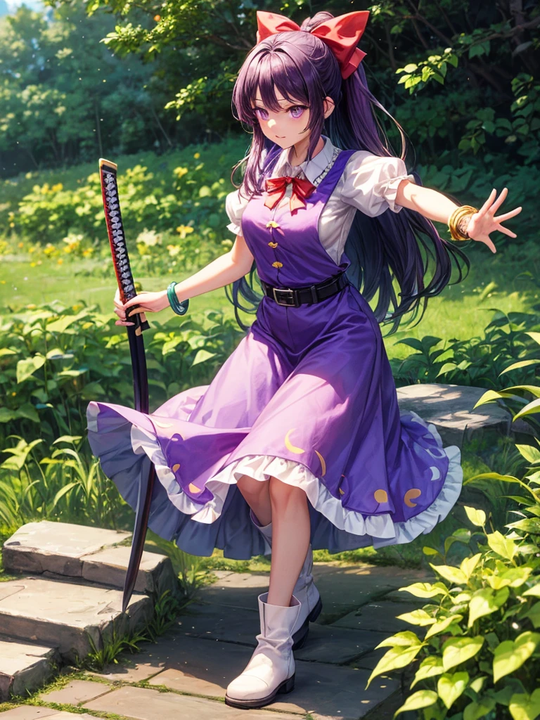 1girl, watatsuki no yorihime (touhou), long hair, ponytail, purple hair, purple eyes, white shirt, collared shirt, puffy short sleeves, red dress, pinafore dress, buttons, single strap, long dress, open dress, short boots, yellow bow, hair bow, loose belt, bracelet, katana, holding,