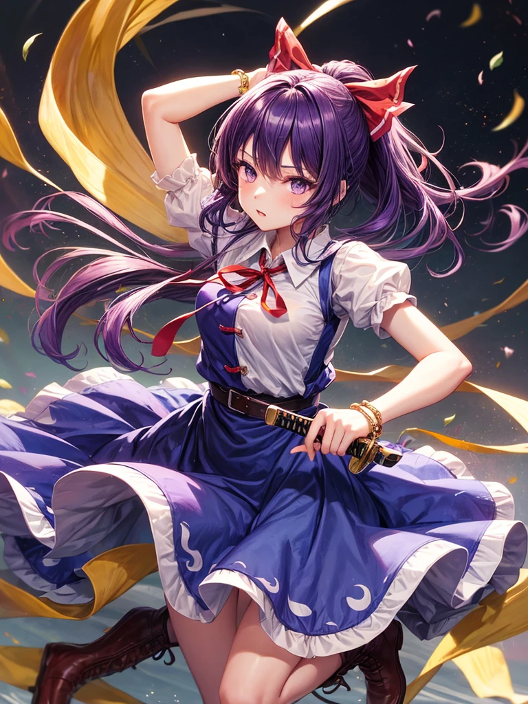 1girl, watatsuki no yorihime (touhou), long hair, ponytail, purple hair, purple eyes, white shirt, collared shirt, puffy short sleeves, red dress, pinafore dress, buttons, single strap, long dress, open dress, short boots, yellow bow, hair bow, loose belt, bracelet, katana, holding,