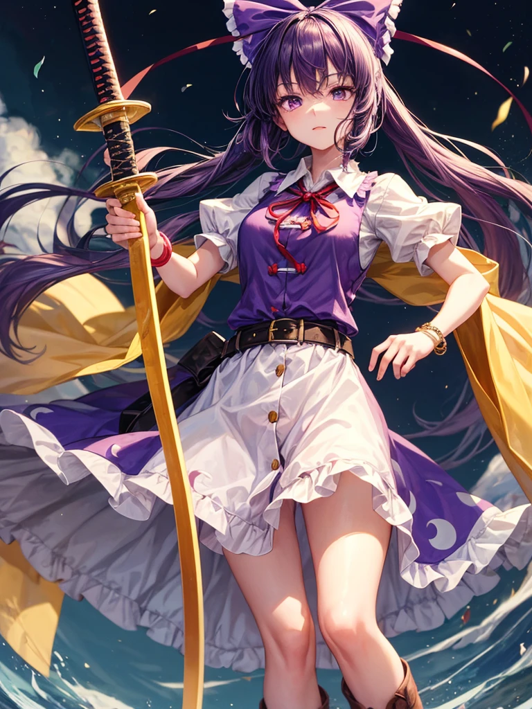 1girl, watatsuki no yorihime (touhou), long hair, ponytail, purple hair, purple eyes, white shirt, collared shirt, puffy short sleeves, red dress, pinafore dress, buttons, single strap, long dress, open dress, short boots, yellow bow, hair bow, loose belt, bracelet, katana, holding,