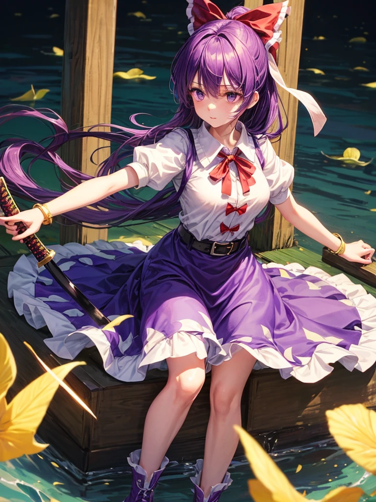1girl, watatsuki no yorihime (touhou), long hair, ponytail, purple hair, purple eyes, white shirt, collared shirt, puffy short sleeves, red dress, pinafore dress, buttons, single strap, long dress, open dress, short boots, yellow bow, hair bow, loose belt, bracelet, katana, holding,