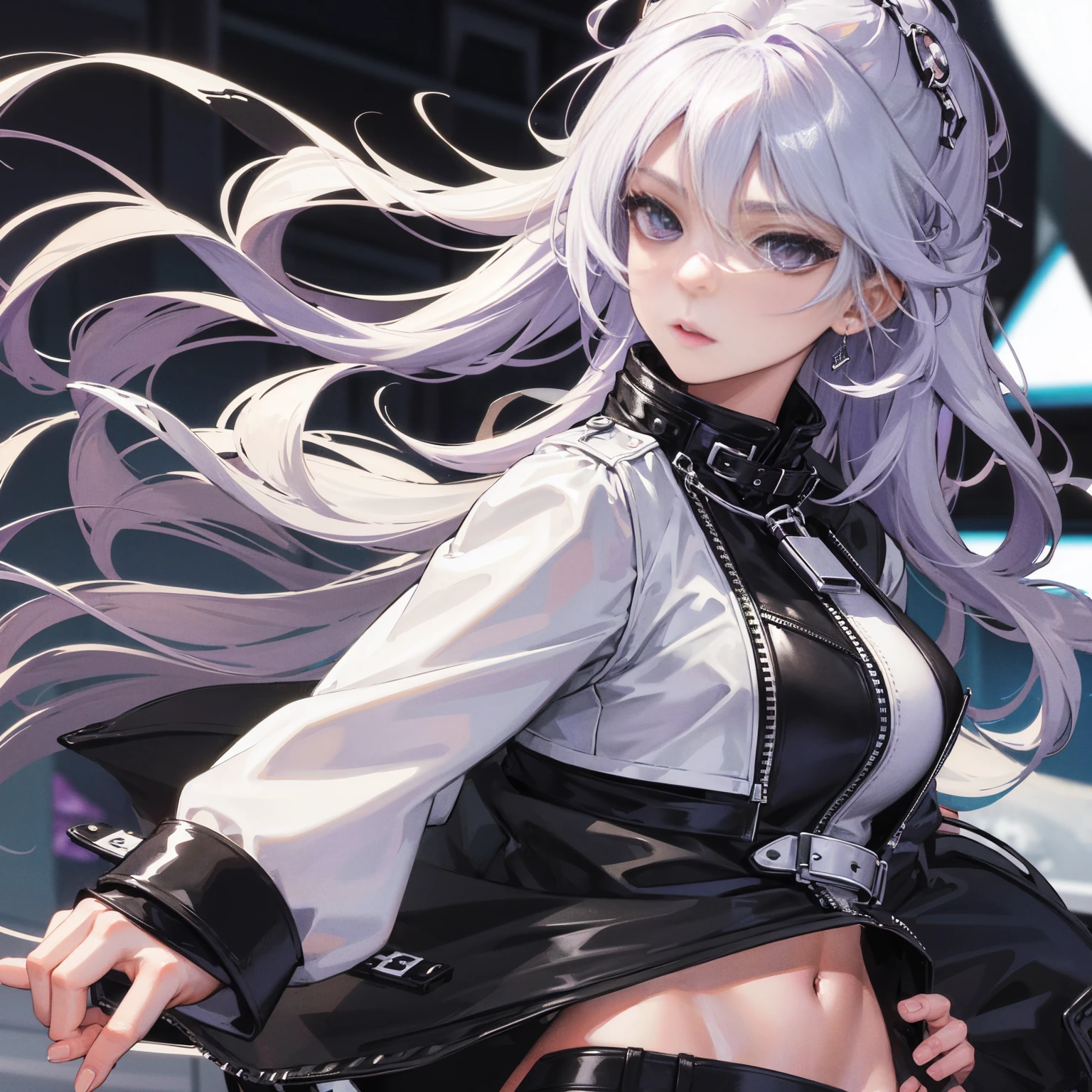 a girl , long white hairstyle ,purple leyes, street styles, , ,Black color Leather jacket , crop top , black jean,,adorlable,beautiful face, cold