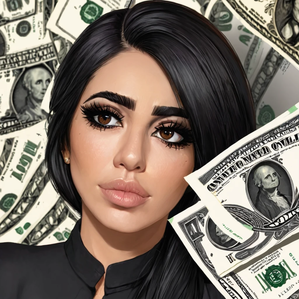 bearded woman, black hair, brown eyes, eyeliner, counts her tired of dollar bills