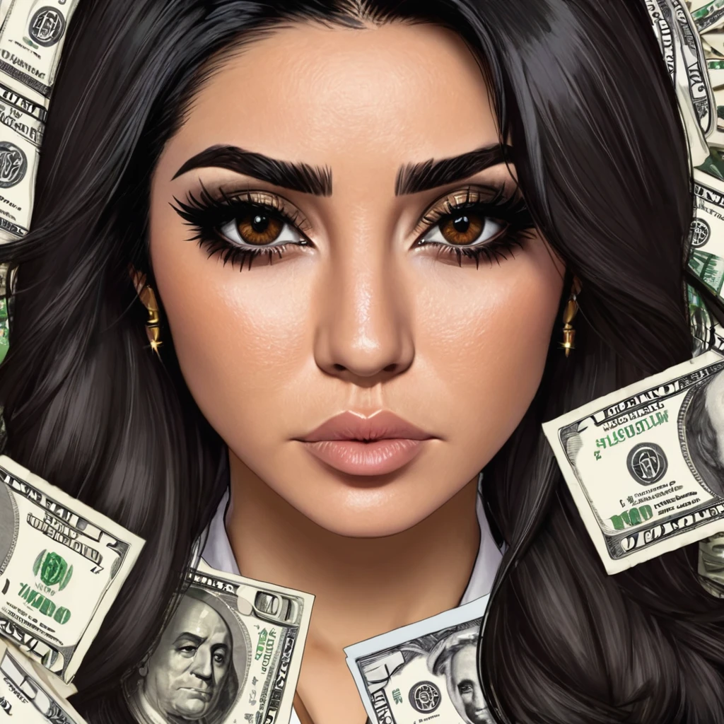 
bearded woman, black hair, brown eyes, eyeliner, counts her tired of dollar bills