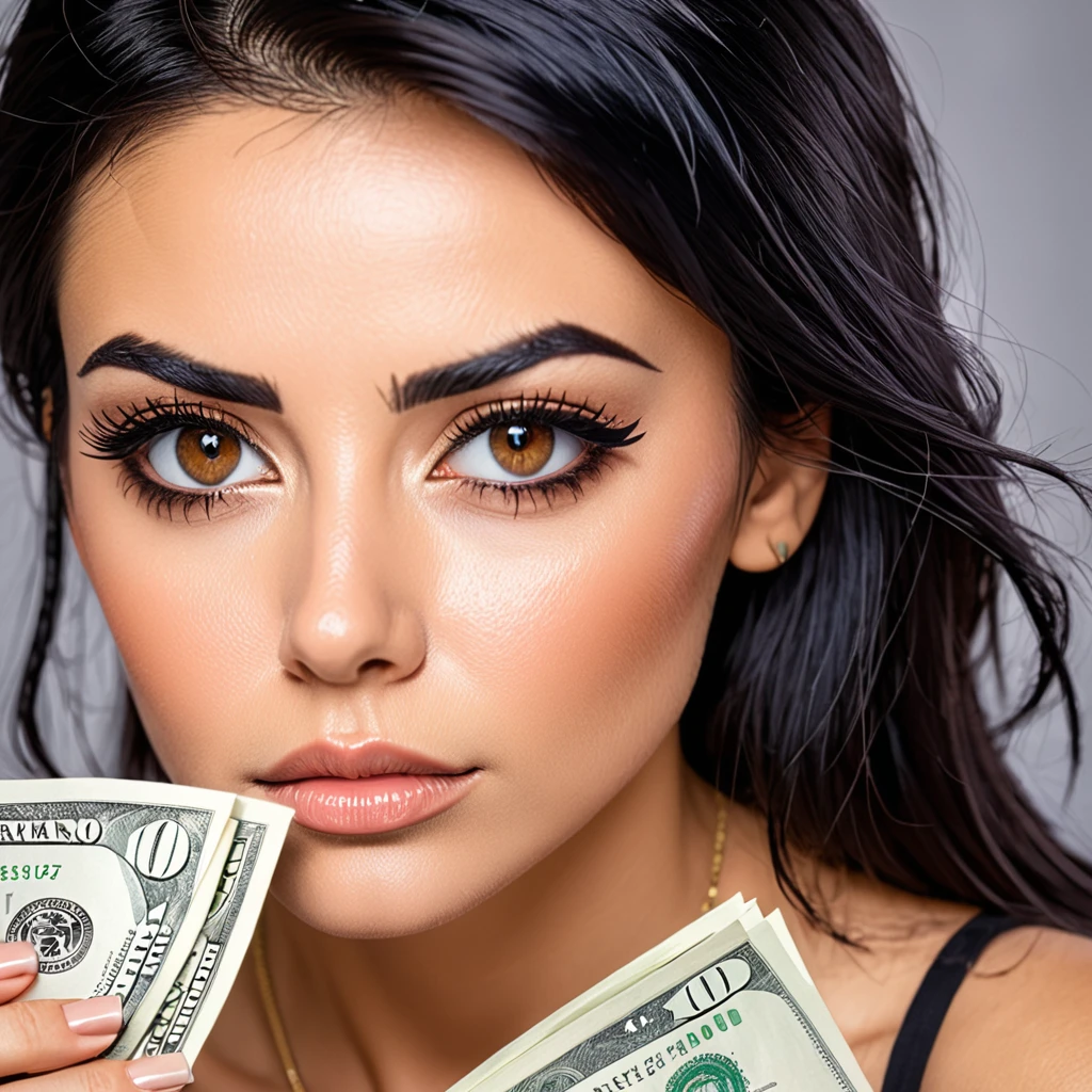 
bearded woman, black hair, brown eyes, eyeliner, counts her tired of dollar bills