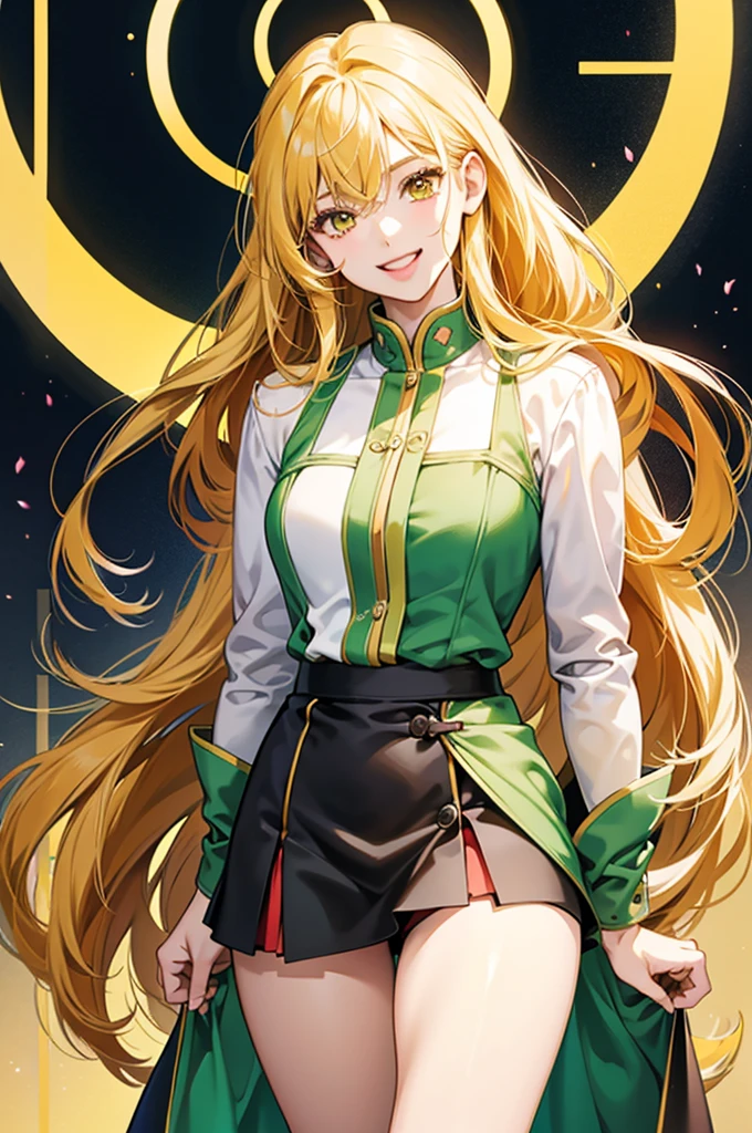 anime、最high quality, high quality, 8K、High resolution,Highest quality、solo、A gentle and mature lady、The background of vibrant overseas markets、Thighs、Miniskirt、tall、Long limbs、solo、Laughing with mouth open、Yellow-green long hair、Yellow Eyes、anime
