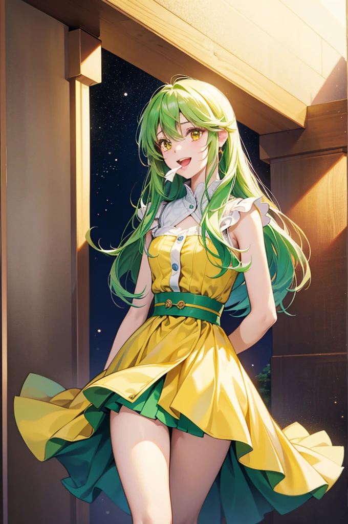 anime、最high quality, high quality, 8K、High resolution,Highest quality、solo、A gentle and mature lady、The background of vibrant overseas markets、Thighs、Miniskirt、tall、Long limbs、solo、Laughing with mouth open、Yellow-green long hair、Yellow Eyes、anime