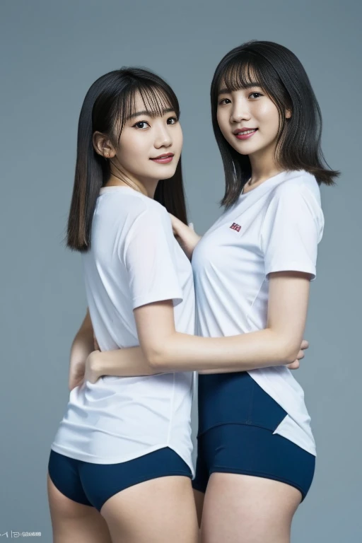 (2girls, Same height :1.2) ,Back view,  Volleyball Uniforms, couple focus ,    japanaese girl ,  (Smile:0.7), Stand next to each other ,  Upper body, gymnastic suit, White tee shirt, Dark blue bloomers, beautiful thigh,Looking back,  Armpit, Realistic butt crack, Grinning smile, Very Shorthair, (High color saturation:1.0),  (highlydetailed skin), (Best Quality:1.0), (超A high resolution:1.0) ,(photographrealistic:1.0), (ultra-detailliert:1.0), (8K, Raw photo:1.1)