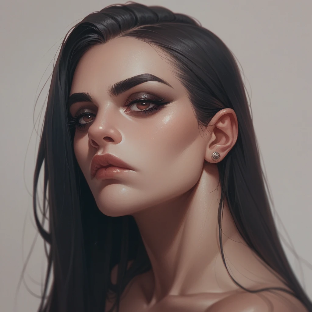 
bearded woman, black hair, brown eyes, eyeliner, counts her tired of dollar bills