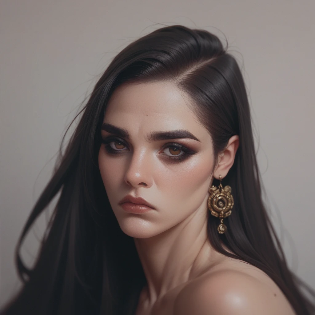 
bearded woman, black hair, brown eyes, eyeliner, counts her tired of dollar bills