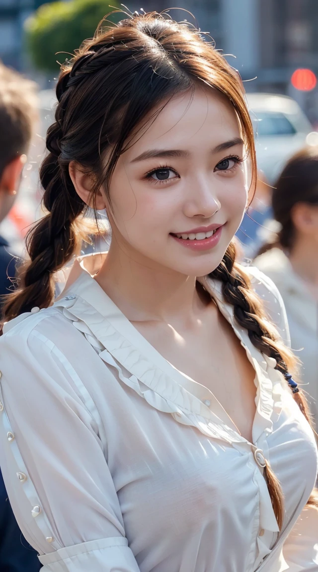 Highest quality, Realistic, 1peopleの女の子, woman,(Skin Dentition), nude,Mid-chest, (bright), (Professional Lighting, Bokeh), (street), people々, crowd, Braided bangs, (blouse:1.5), (I wore:0.8), nice, bloom, Floating Hair, (Dynamic pose:0.6) , Soft lighting, ,((( She is being made to cum)))
