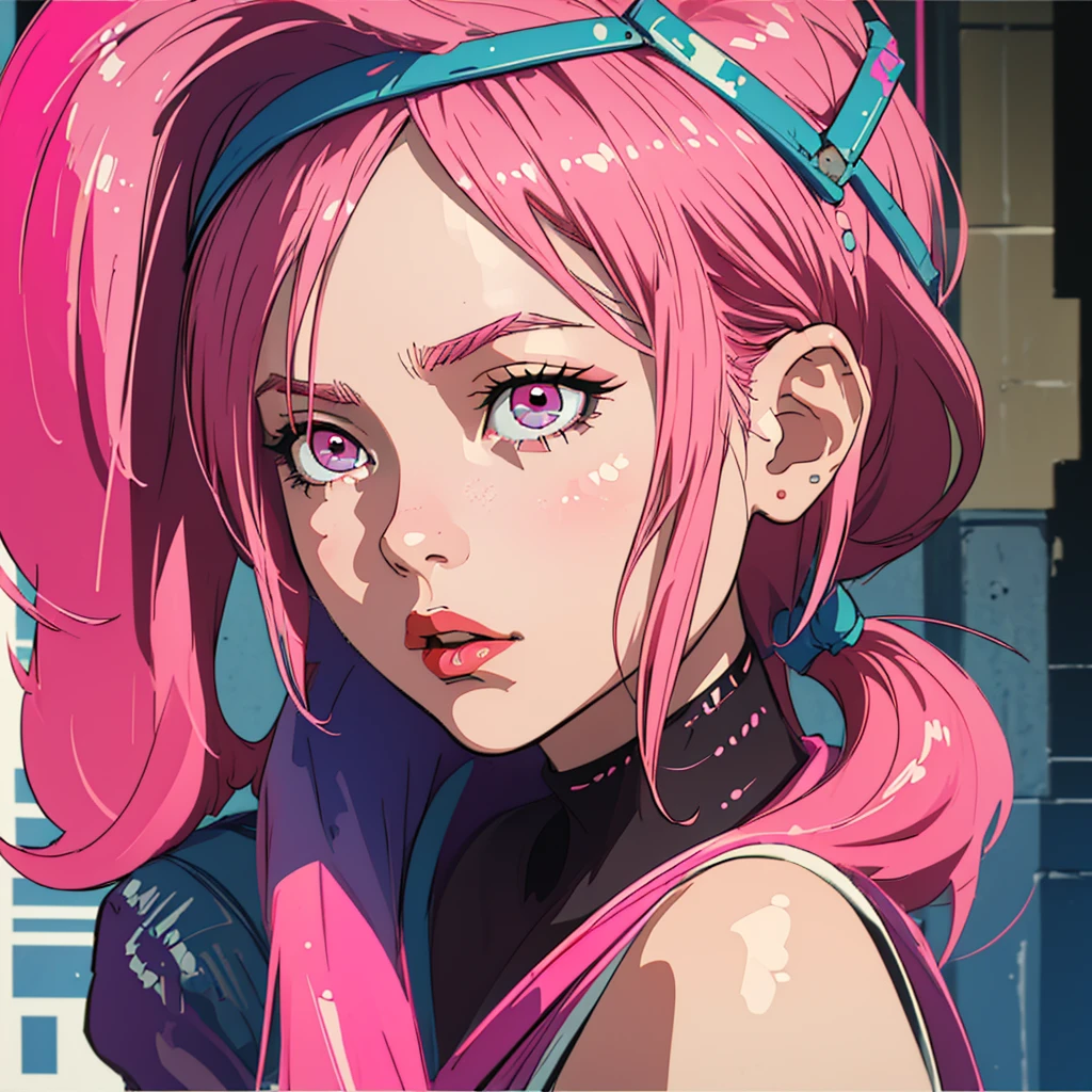 (Best Quality, artwork), 1 girl,short pink hair, 1980s \(Style ciberpunk\), looking at the viewer, poster \(Style\), arise from,