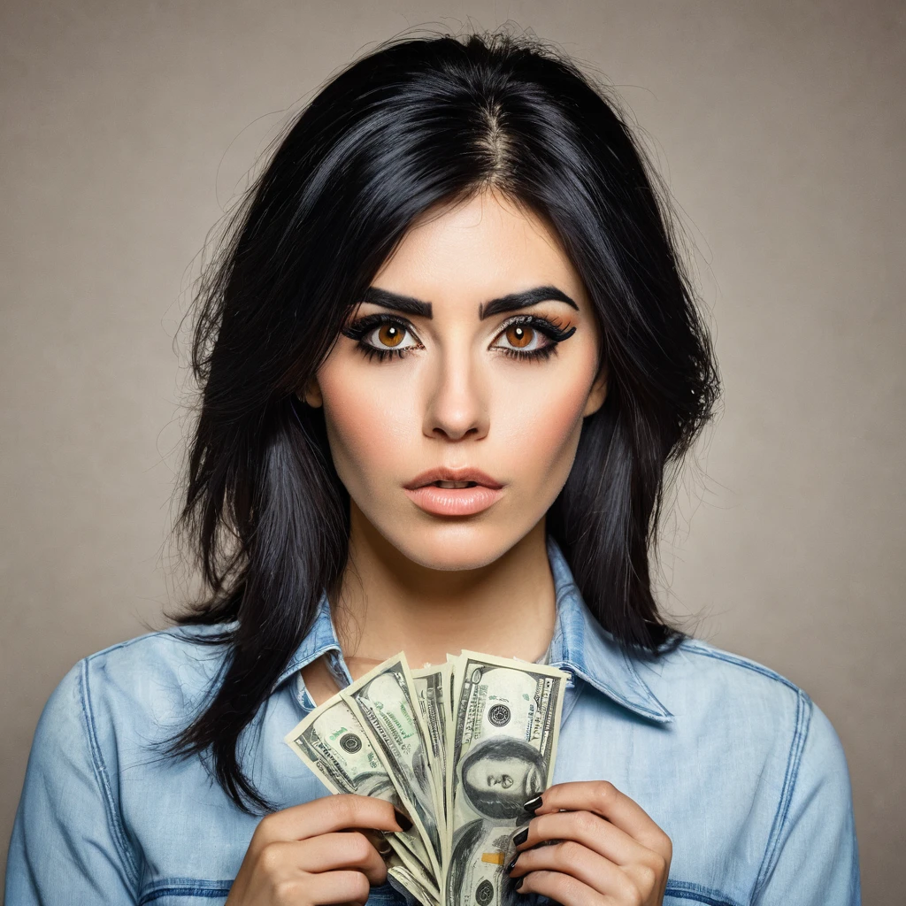 bearded woman, black hair, brown eyes, eyeliner, counts her tired of dollar bills
