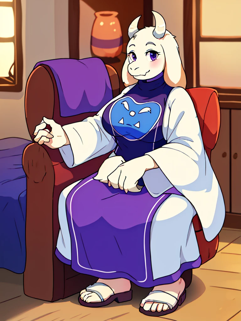 toriel, 1girl, furry, furry_female, goat_ears, goat_girl, indoors, smile, solo, sandals