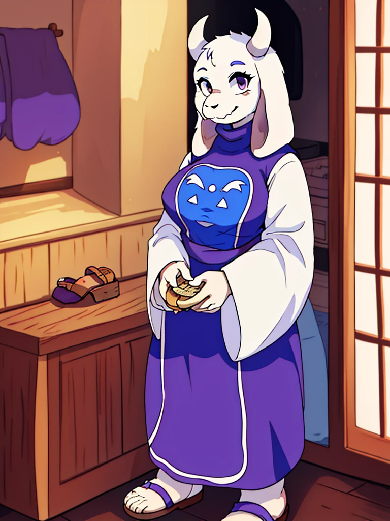 toriel, 1girl, furry, furry_female, goat_ears, goat_girl, indoors, smile, solo, sandals