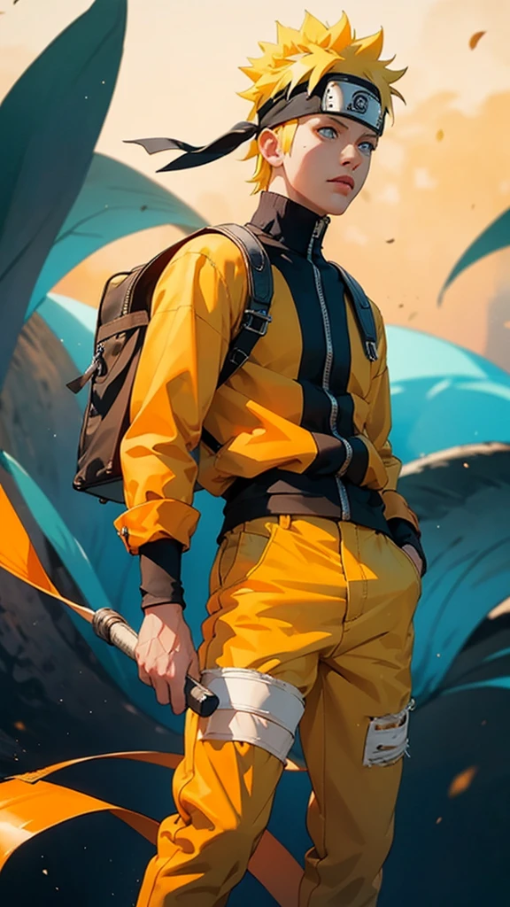 full body of naruto uzumaki,masterpiece, best quality, full detailed, 1boy, handsome,male,looking at viewer, naruto, Detailed blue eye,yellow hair,konoha realistic detail leaf headband,eye realistic,nose realistic,mouth realistic,skin realistic,face realistic,head realistic,body realistic, background art cinematic,backpack,big eye sharp, photorealistic, photoshoot, only three line in face, naruto uzumaki dress code.