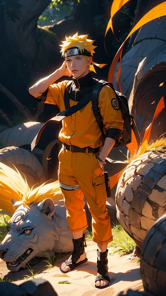 full body of naruto uzumaki,masterpiece, best quality, full detailed, 1boy, handsome,male,looking at viewer, naruto, Detailed blue eye,yellow hair,konoha realistic detail leaf headband,eye realistic,nose realistic,mouth realistic,skin realistic,face realistic,head realistic,body realistic, background art cinematic,backpack,big eye sharp, photorealistic, photoshoot, only three line in face, naruto uzumaki dress code.