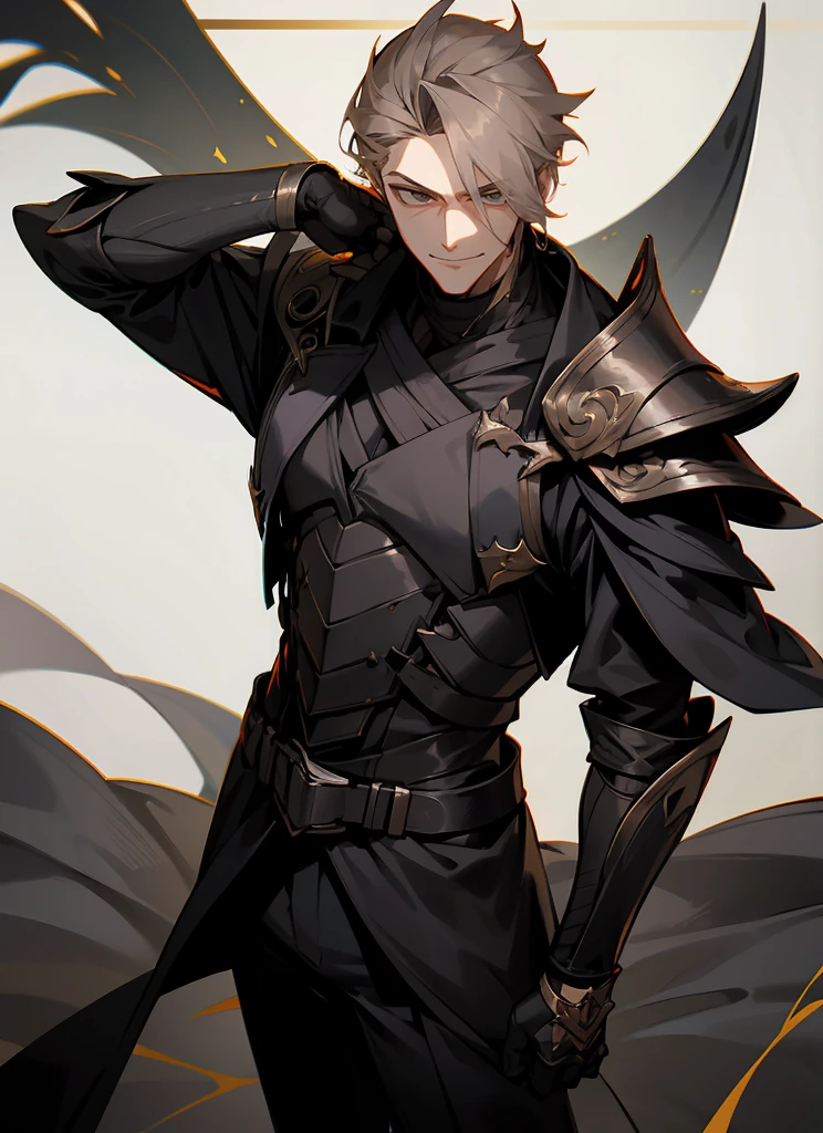 1 , handsome fashion hair,bronze hair highlightwhite, fanstasy, smile face, male ,fantasy, reaper, hunter with blackshortsword, villian face, black armor , darkness wolrd, bad, devil mask