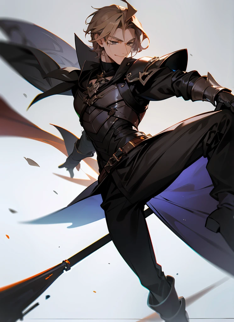 1 , handsome fashion hair,bronze hair highlightwhite, fanstasy, smile face, male ,fantasy, reaper, hunter with blackshortsword, villian face, black armor , darkness wolrd, bad, devil mask