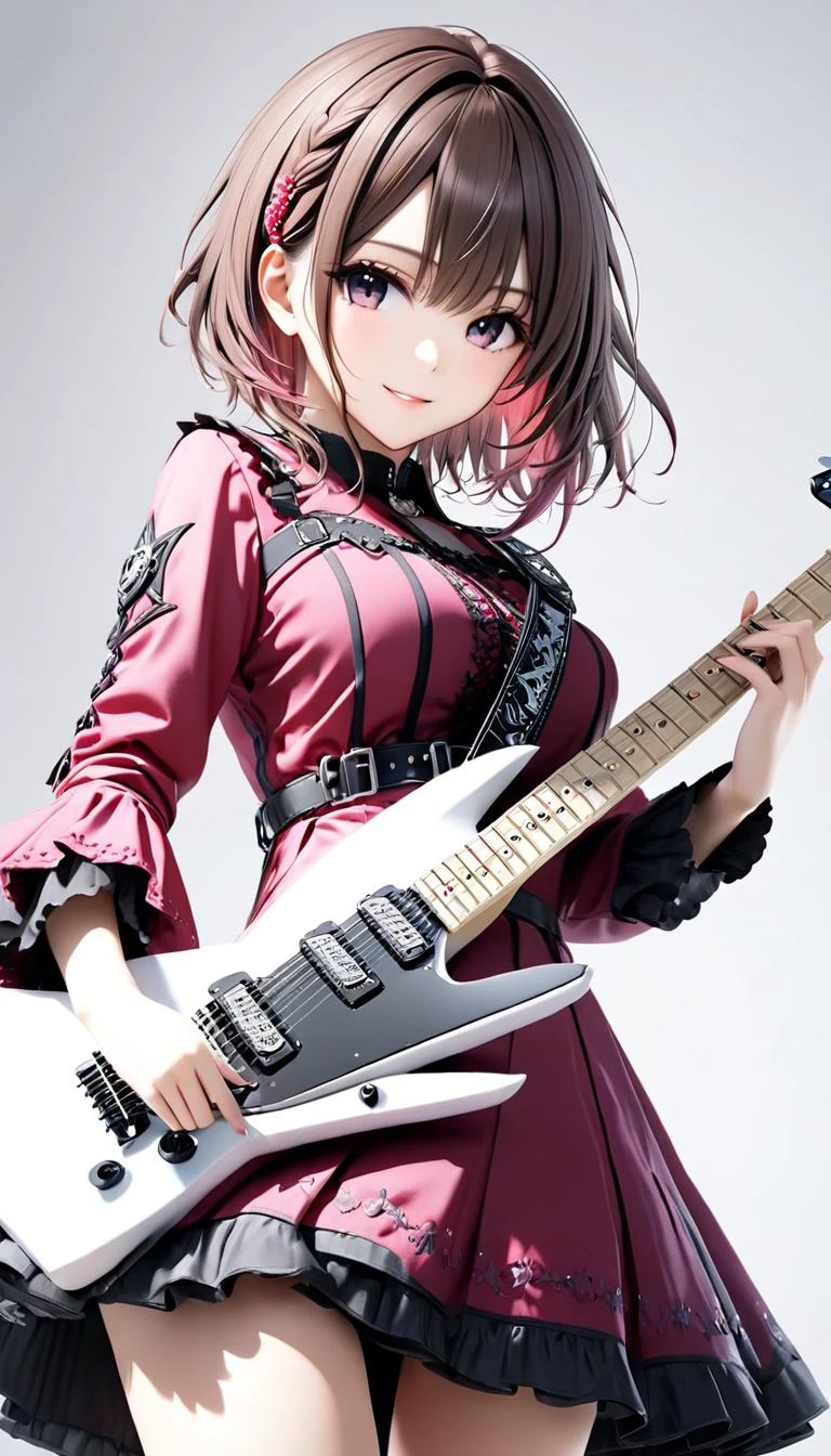 (((White background:1.2)))、(masterpiece、Ultra HD、Masterpiece、4K)、Scandinavian gothic metal girl playing a white electric guitar, Intense gaze into the camera, Highly detailed eyes, Detailed hand and fingers、Brown bob hair、Pink Gothic Dress,A gentle smile、mini skirt、Dynamic Movement、Uplifting、(((The entire guitar is visible:1.2)))