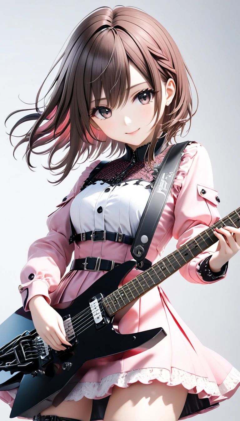 (((White background:1.2)))、(masterpiece、Ultra HD、Masterpiece、4K)、Scandinavian gothic metal girl playing a white electric guitar, Intense gaze into the camera, Highly detailed eyes, Detailed hand and fingers、Brown bob hair、Pink Gothic Dress,A gentle smile、mini skirt、Dynamic Movement、Uplifting、(((The entire guitar is visible:1.2)))