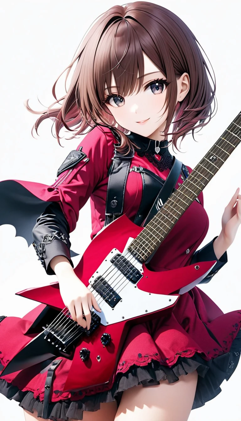 (((White background:1.2)))、(masterpiece、Ultra HD、Masterpiece、4K)、Scandinavian gothic metal girl playing a white electric guitar, Intense gaze into the camera, Highly detailed eyes, Detailed hand and fingers、Brown bob hair、Pink Gothic Dress,A gentle smile、mini skirt、Dynamic Movement、Uplifting、(((The entire guitar is visible:1.2)))