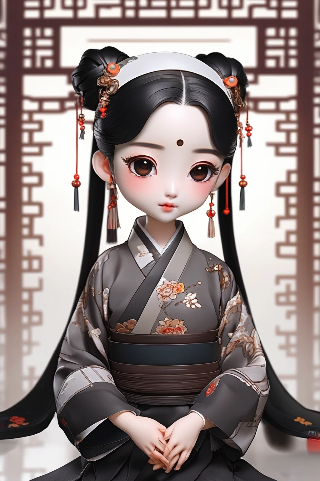 A little girl,Double bun head,Black Hair,Chinese,传统Chinese,Skirt,Tang and Song style,Hanfu,Two-headed body,Round,Figures,Blind Box,Nine-square grid layout,cute,Robot Monk,Mechanical structure。,