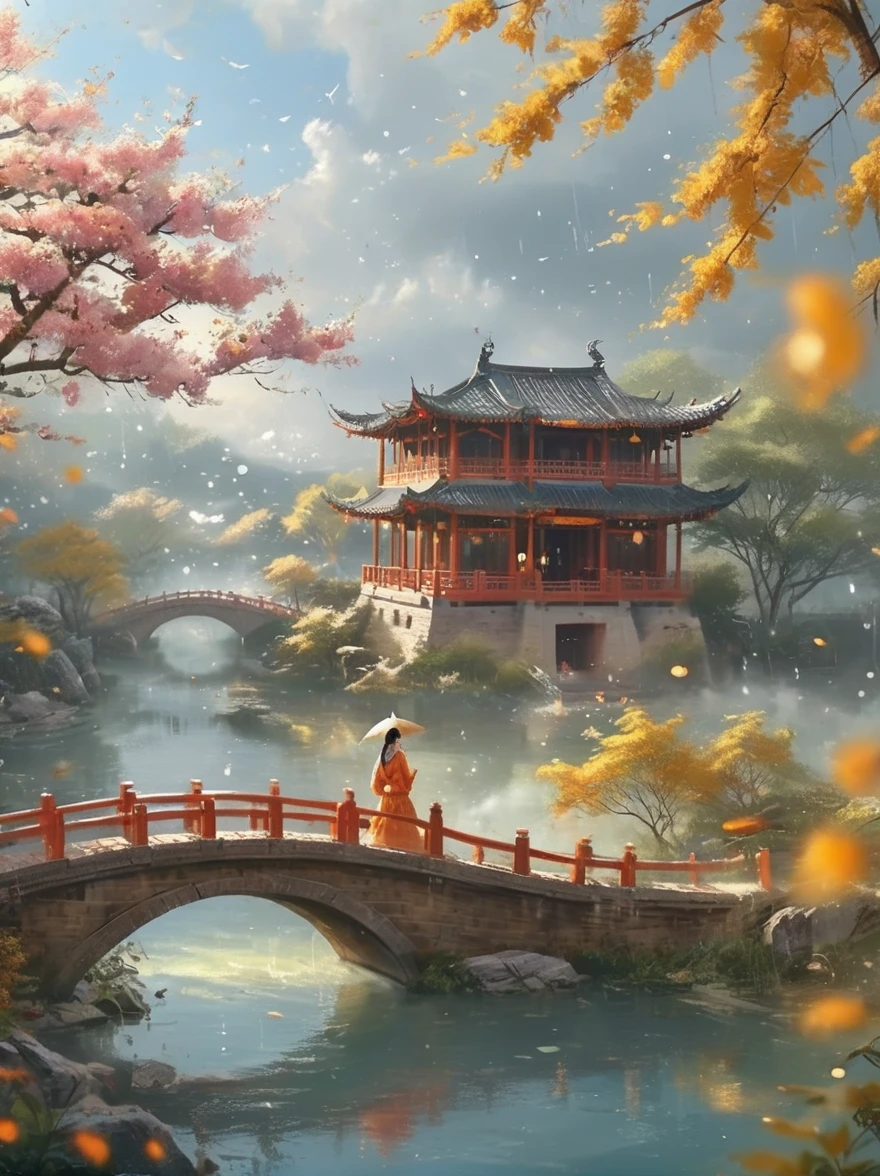 （Best quality、4K、8K、high resolution、masterpiece：1.2）、Ultra Detail、（lifelike、Photorealism、Photorealism：1.37）、Girl holding an oil-paper umbrella、Stand on a small bridge、Running Water、Ancient Town、Jiangnan Scenery、antique、Spring rain、light rain、beauty、beauty细致的眼睛、beauty细致的嘴唇、Extremely detailed eyes and face、Long eyelashes、Chinese traditional clothing、Chinese Architecture、illustration，The image is bright，rich and colorful，Fine details，Flickering lights and shadows，Expressing struggle and hope, 1cgrssh1