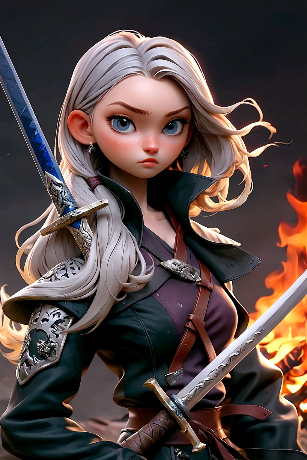 a close up of a woman holding a sword in front of a fire, with large sword, trending on artstation:3, by Yang J, ig model | artgerm, [ trending on cgsociety ]!!, as trending on artstation, she is holding a sword, society, chengwei pan on artstation, trending on artstation hd