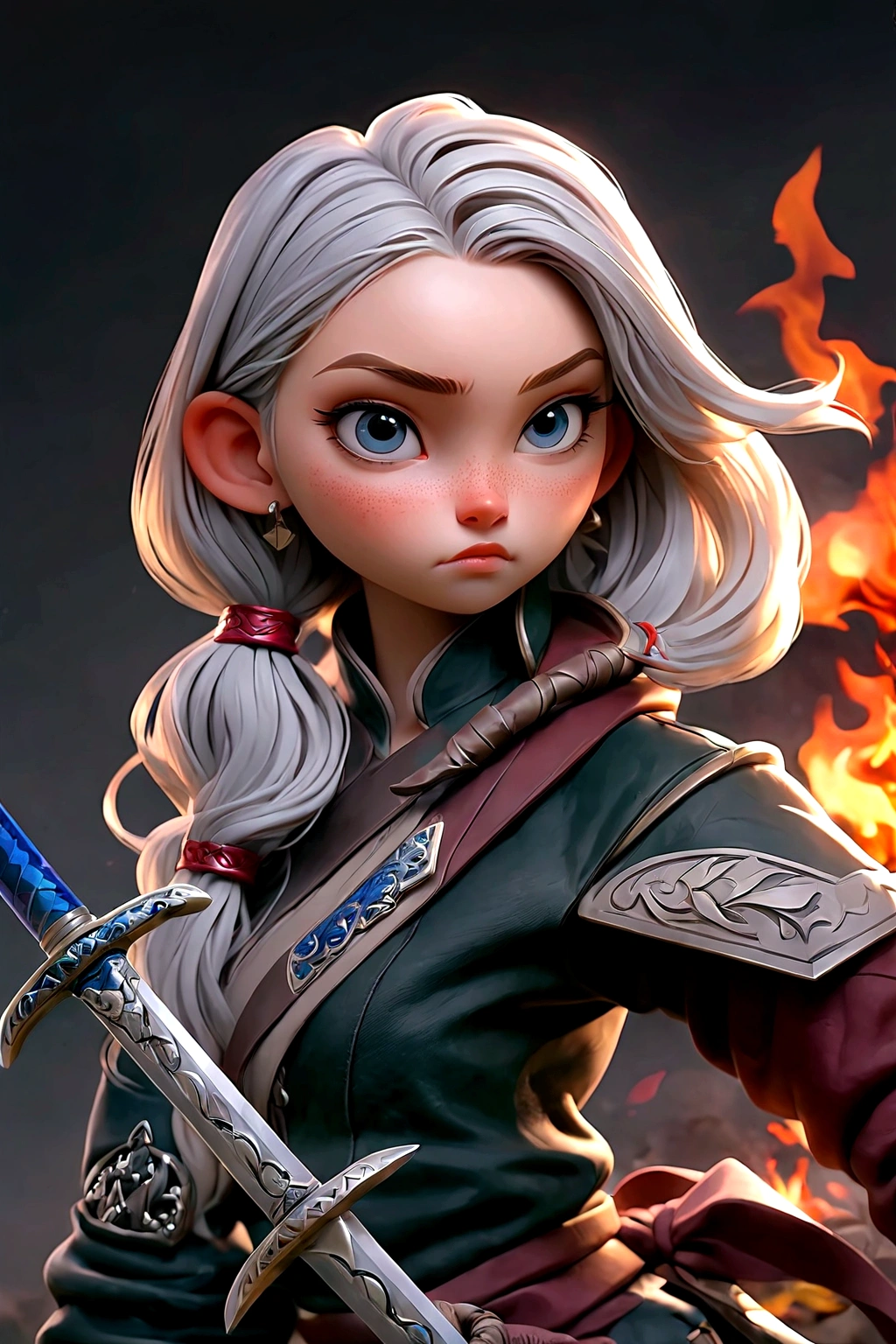 a close up of a woman holding a sword in front of a fire, with large sword, trending on artstation:3, by Yang J, ig model | artgerm, [ trending on cgsociety ]!!, as trending on artstation, she is holding a sword, society, chengwei pan on artstation, trending on artstation hd
