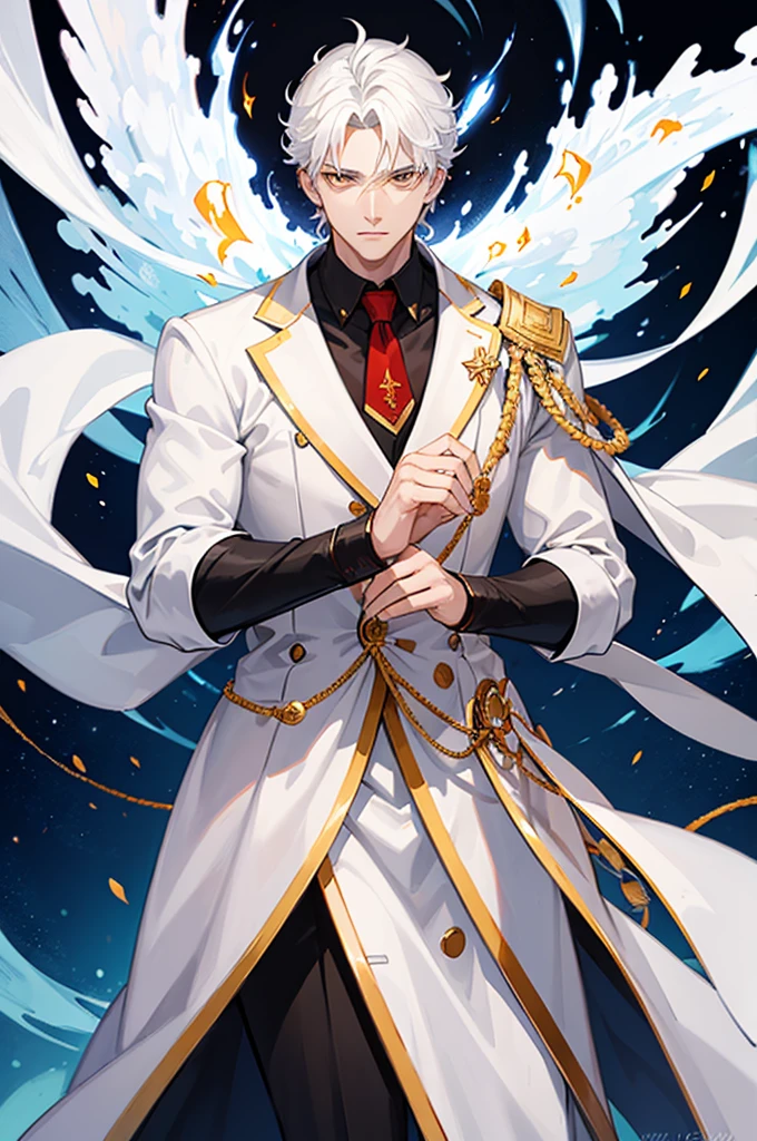 Man of fire, totally white eyes, elegant clothes