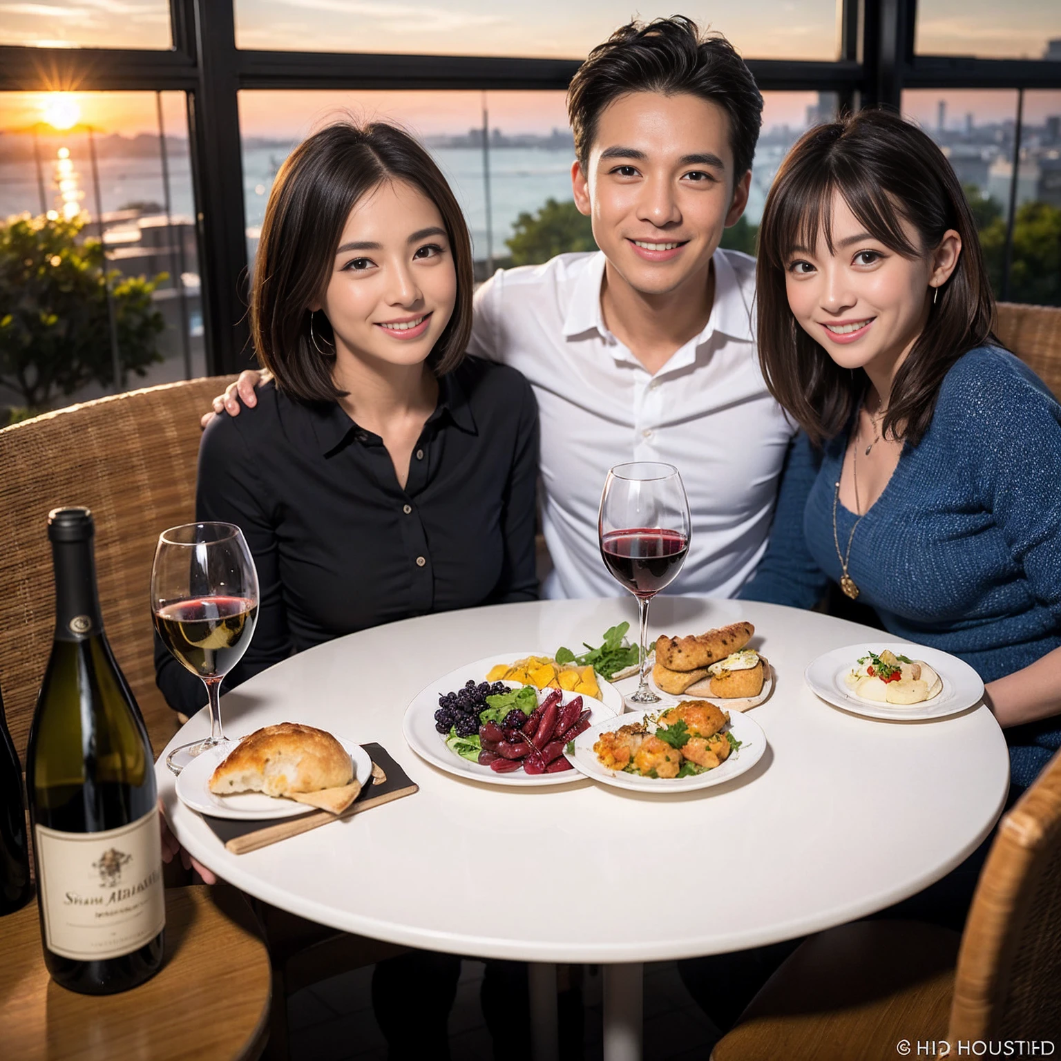 ((Highest quality、8K、masterpiece:1.3))、 (Genuineistic, Genuine、Bright image、Intricate details:1.2), 最高のsmile、1 male、1 female、Beautiful couple、Love Love Love、Happy Tokyo Lovers、、Good friends、actress couple、smile、Full-course dinner at a packed table、 (Slim face), (the body is slim), (Brown Hair), (short hair), テーブルのwine glass、Please shine a light on my face、 Amazing view of the sunset sky and clouds、 39 years old, red wine 、Appetizers、Wine bottle、sparkling wine、Long sleeve shirt、dress、White wine, red wine, wine glass, 